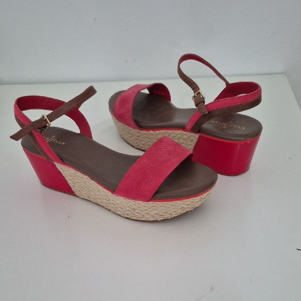 Cole Haan Red Suede and  Leather Wedge Sandals, Sz 9